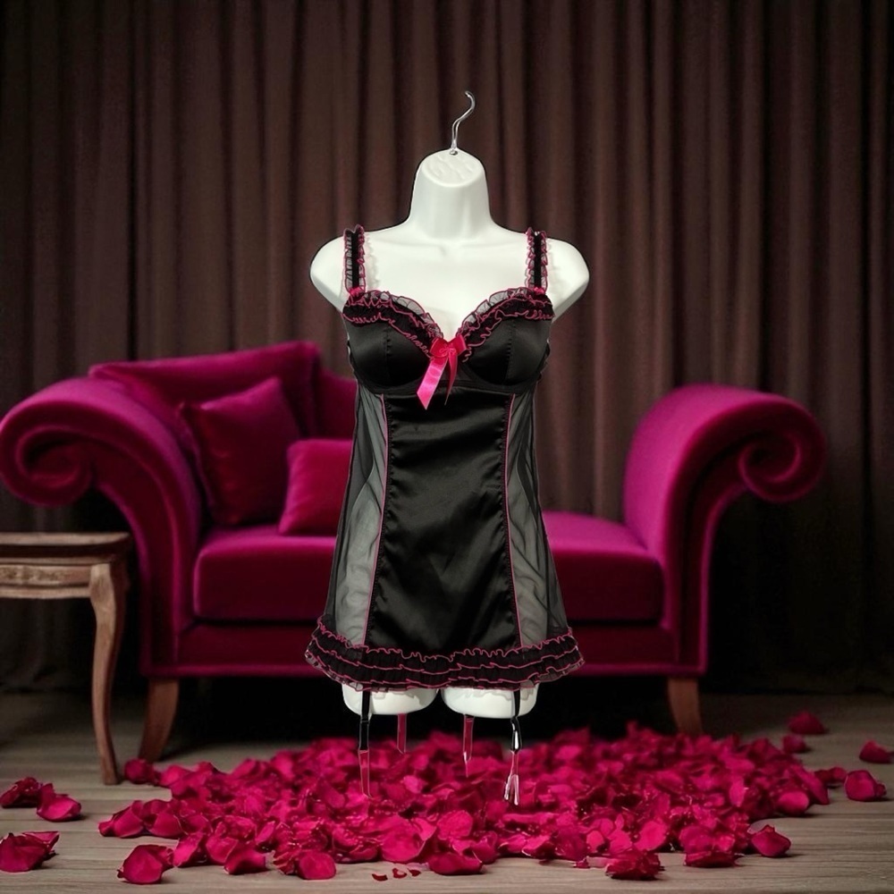 NEW, La SENZA Love, Black & Pink Babydoll Chemise, Size Medium 🫦